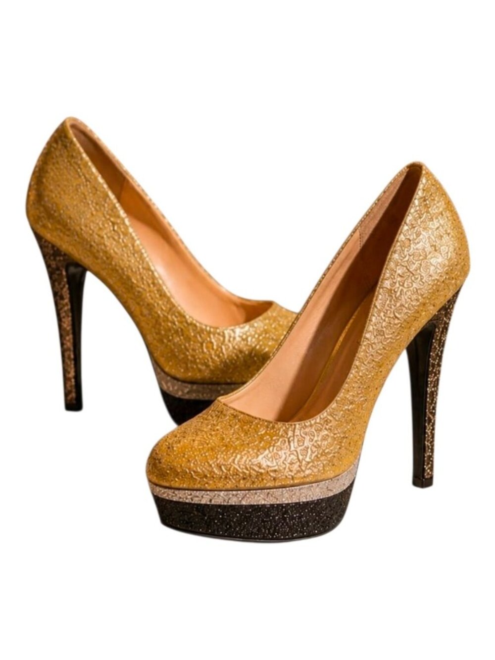 Gold Glitter Platform High Heels With Black & Silver Accents Size 10 Betsey John